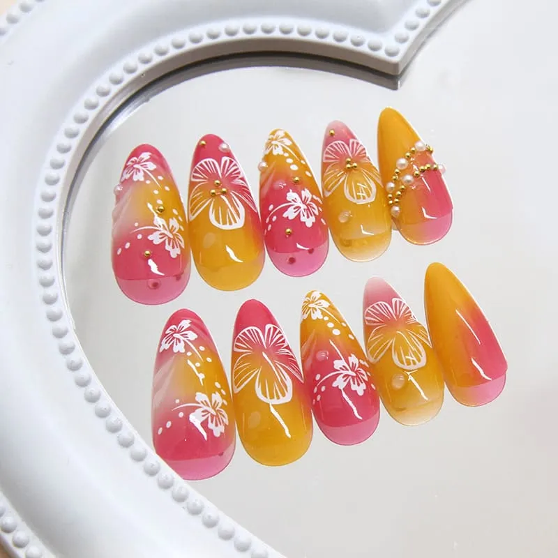 Nailhour 24Pcs Floral 3D Medium Almond French Gilded Press On Nails