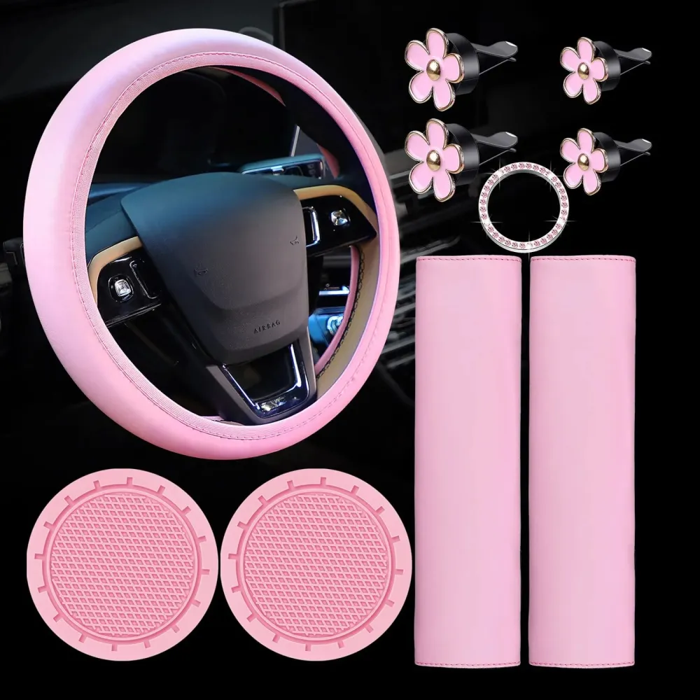 Pink Car Leather Steering Wheel Set