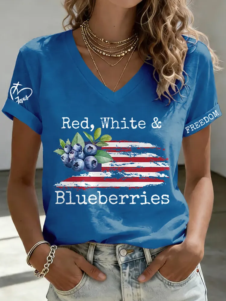 V-Neck Retro Independence Day Red, White & Blueberries Freedom Jesus Print T-Shirt