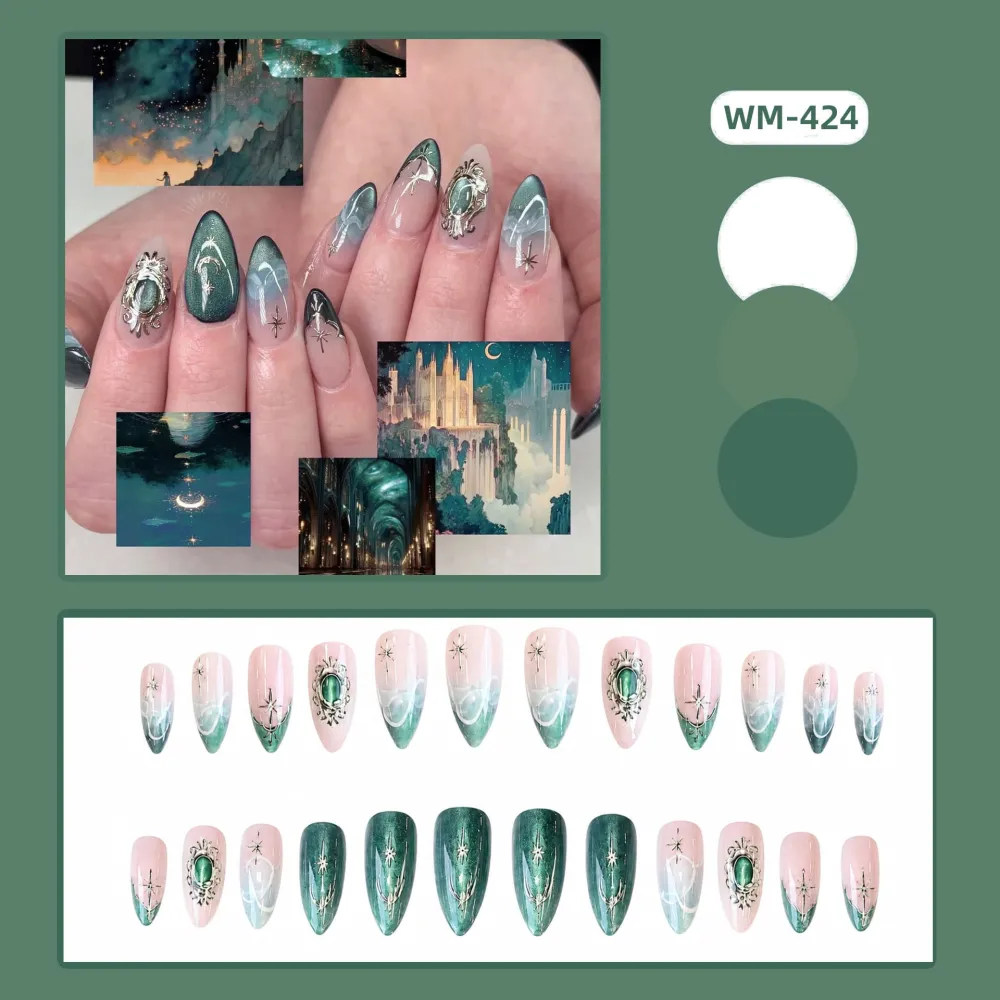 Nailhour 24Pcs 3D Gilded Green Medium Almond Press On Nails