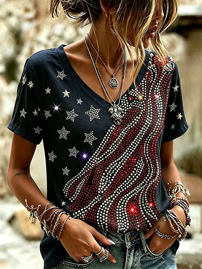 Women's Retro America Eagle Print V-neck Top