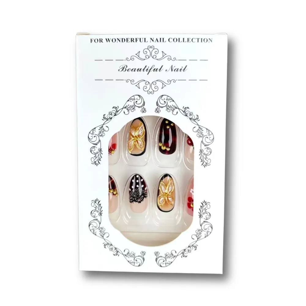 Nailhour 30Pcs Gilded 3D Cherry Medium Almond French Press On Nails