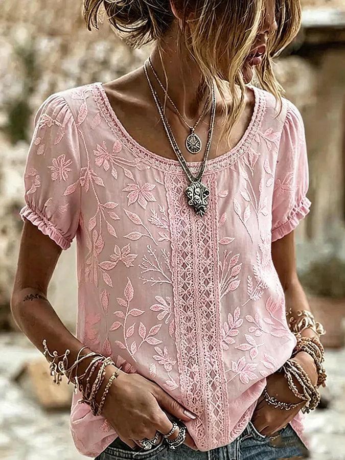 Women's Boho Floral Patchwork Embroidered Puff Sleeve Top