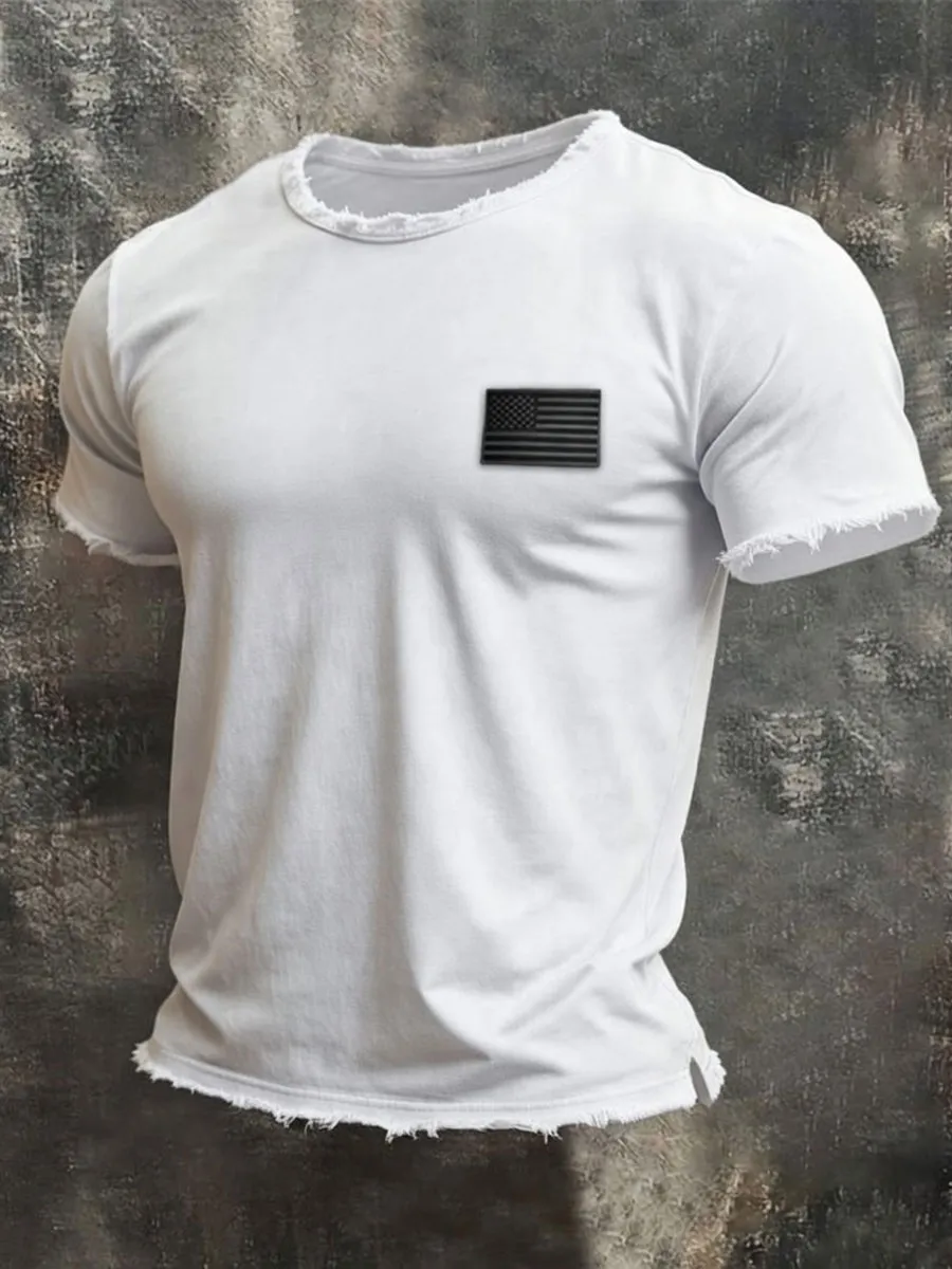 Men'S Retro Style Loose Cuff 100% Cotton Washed And Faded T-Shirt