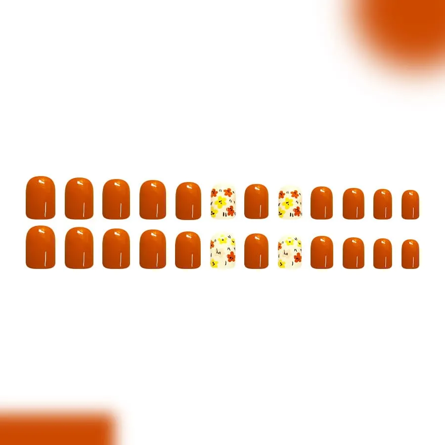 Nailhour 24Pcs Autumn French Colorful Floral Orange Short Square Press On Nails
