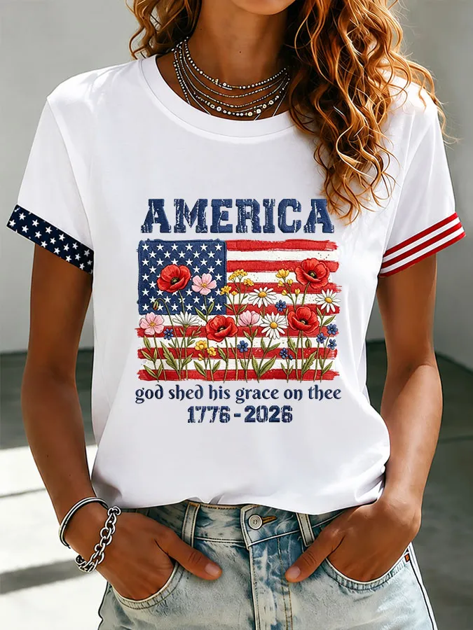 Women's Floral American Flag Printed Casual T-shirt