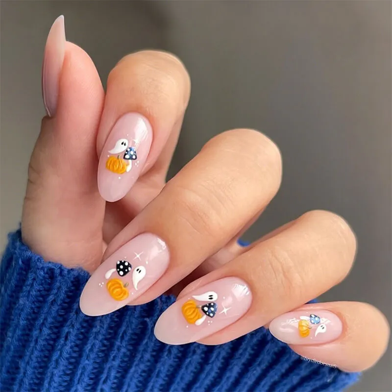 Nailhour 24Pcs Nude Halloween Medium Almond Press On Nails