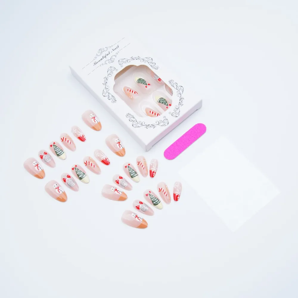Nailhour 30Pcs Snowman 3D Christmas Tree Medium Almond French Press On Nails