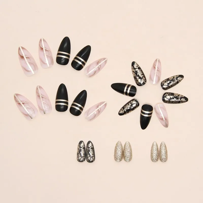 Nailhour 24Pcs Dark Medium Almond Gilded Press On Nails