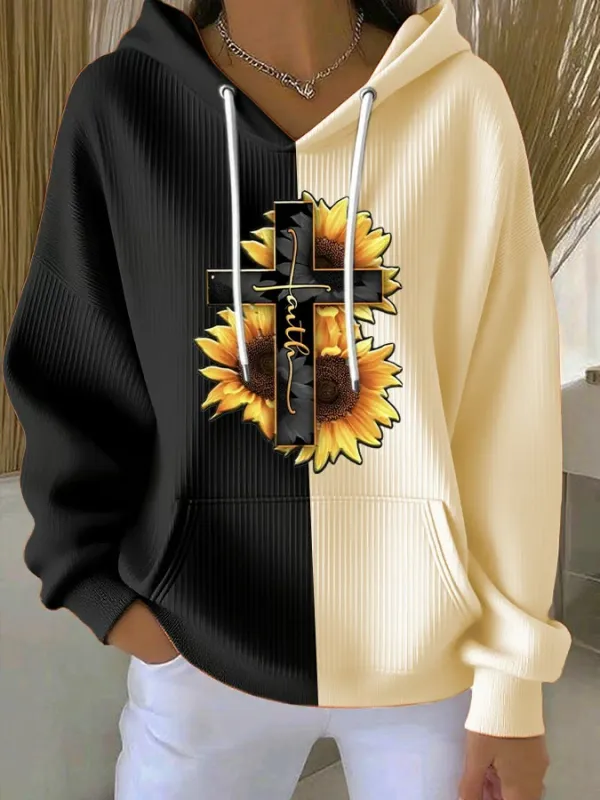 Casual Vintage Faith Contrast Textured Hoodies
