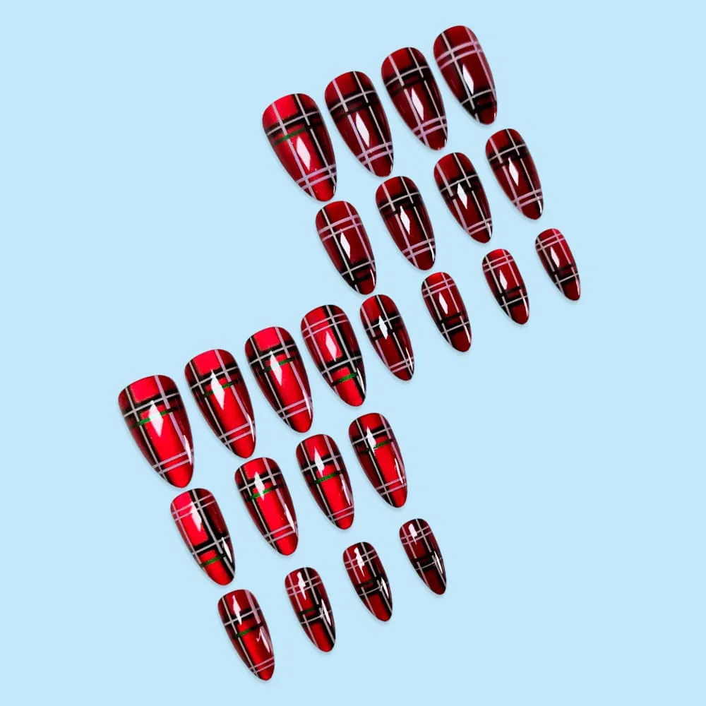 Nailhour 24Pcs Christmas Red Medium Almond French Press On Nails