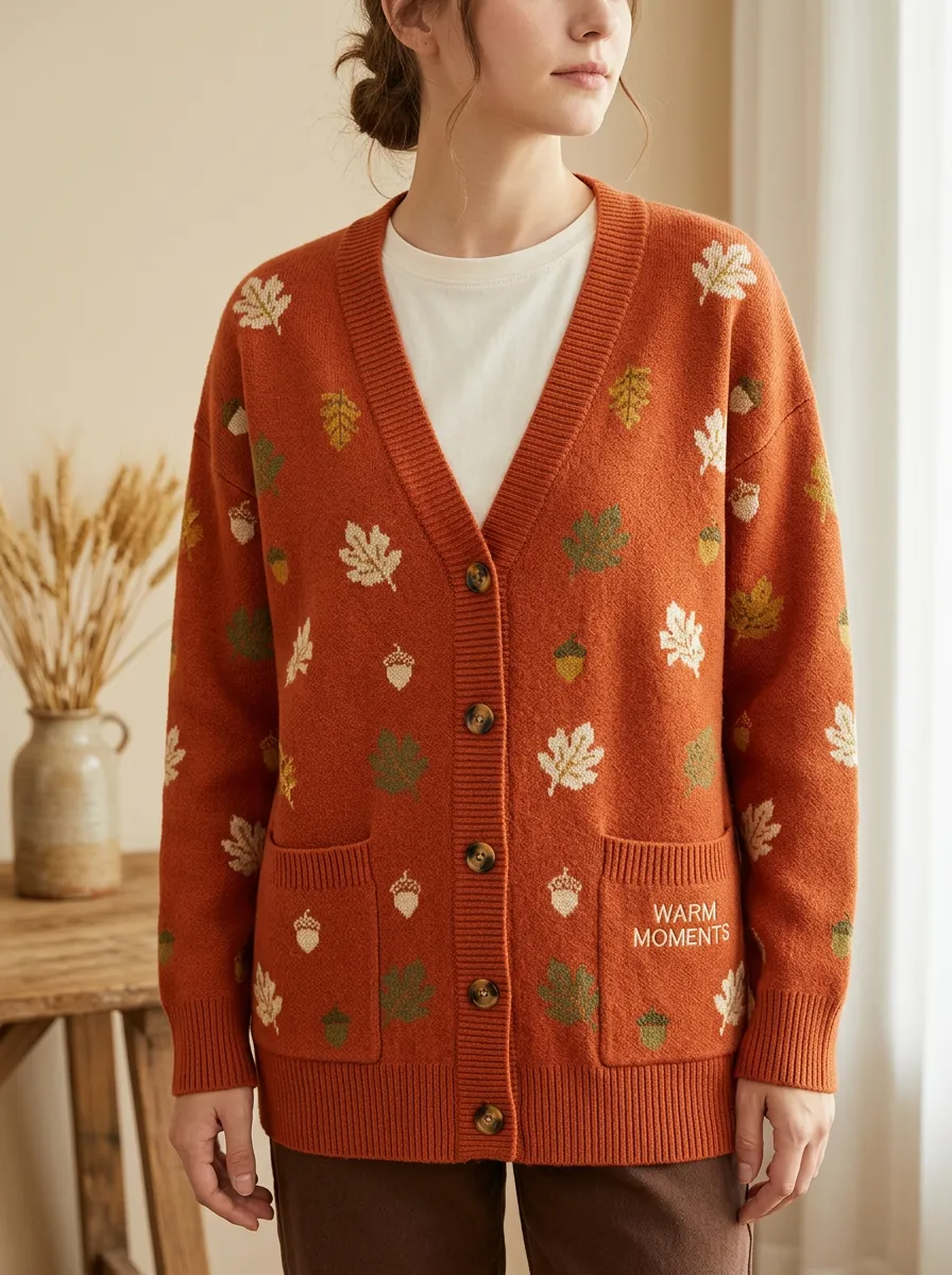 Botanical Leaves Acorn Pattern Embroidered Women's Knit Cardigan