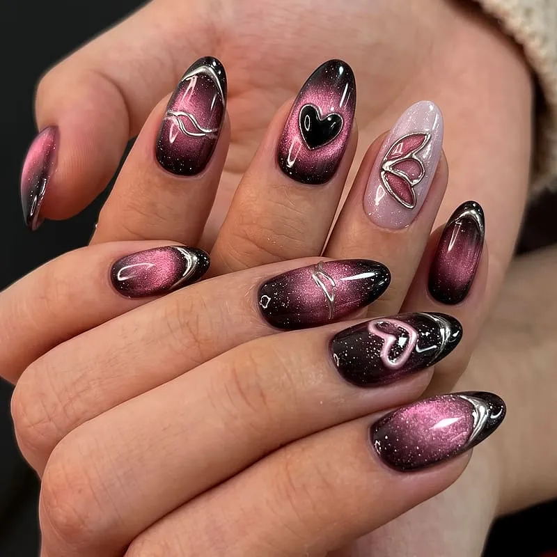 Nailhour 30Pcs Gradient Heart Medium Almond French Press On Nails