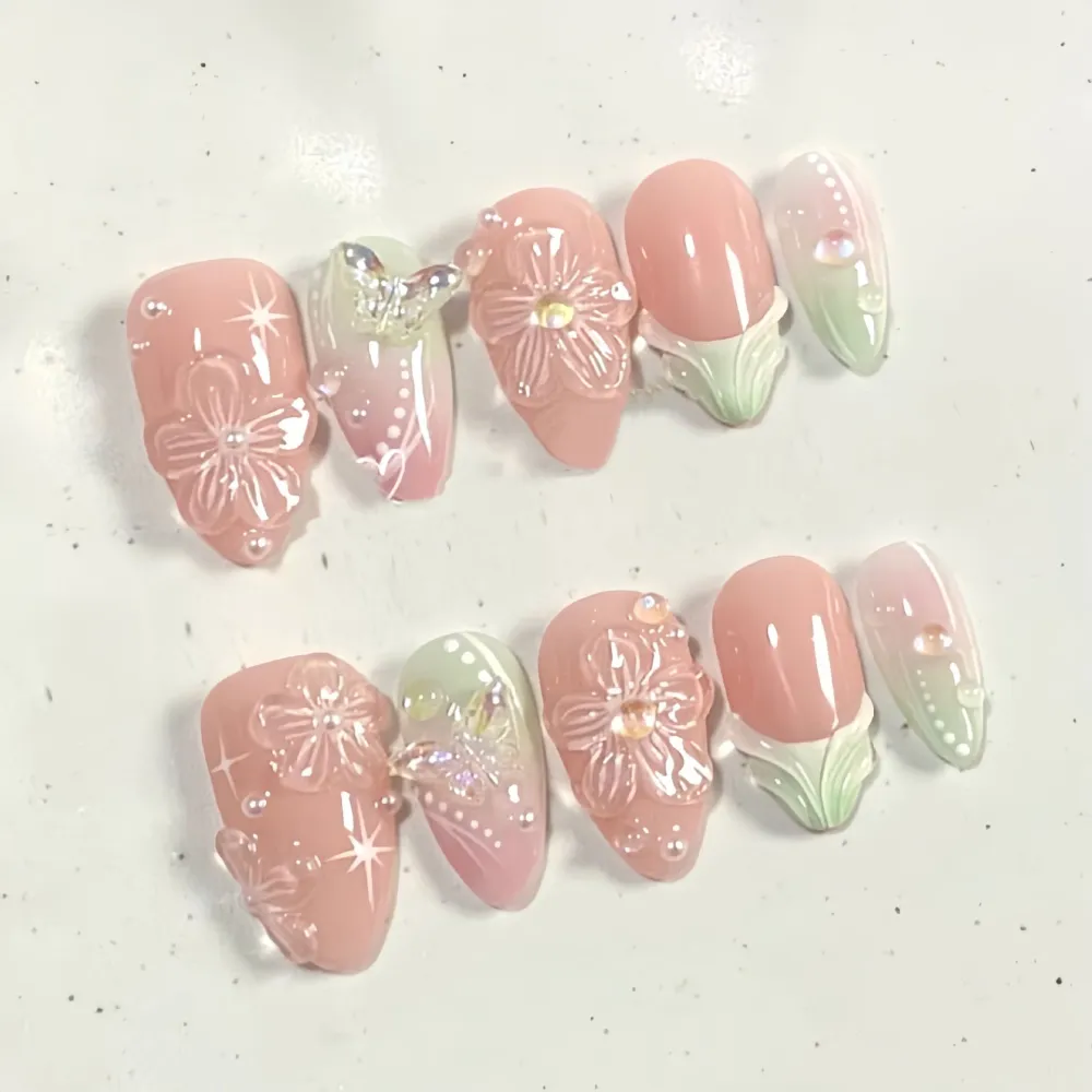 Nailhour 30Pcs Butterfly 3D Medium Almond French Bow Press On Nails
