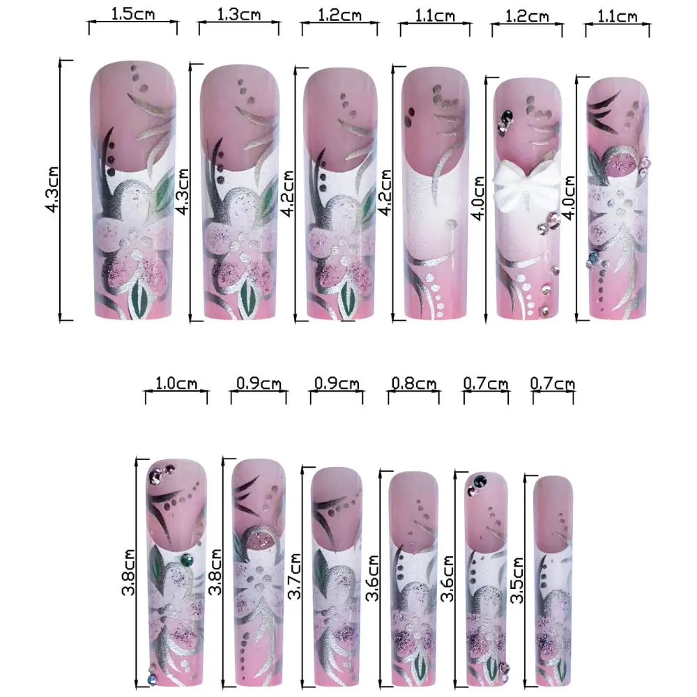 Nailhour 24Pcs 3D Glitter Floral Extra Long Square Press On Nails