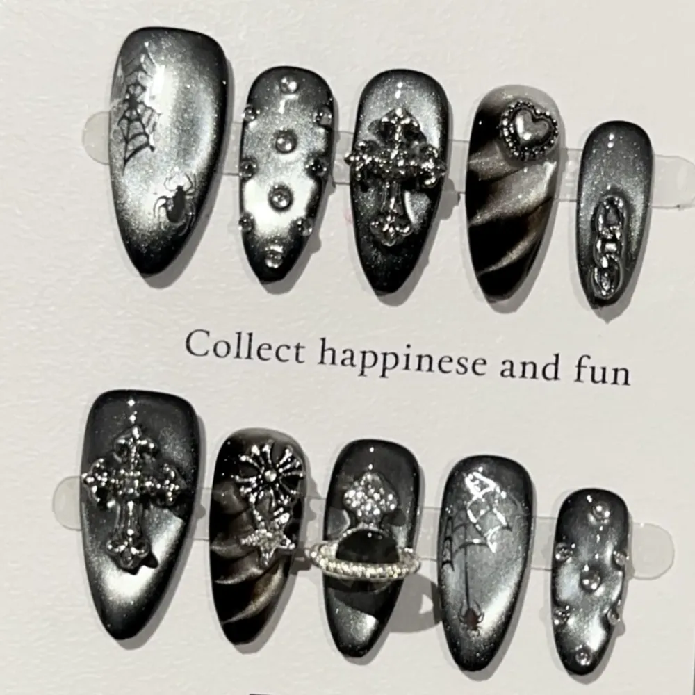 Nailhour 10Pcs Black Cat Eye 3D Medium Almond Press On Nails