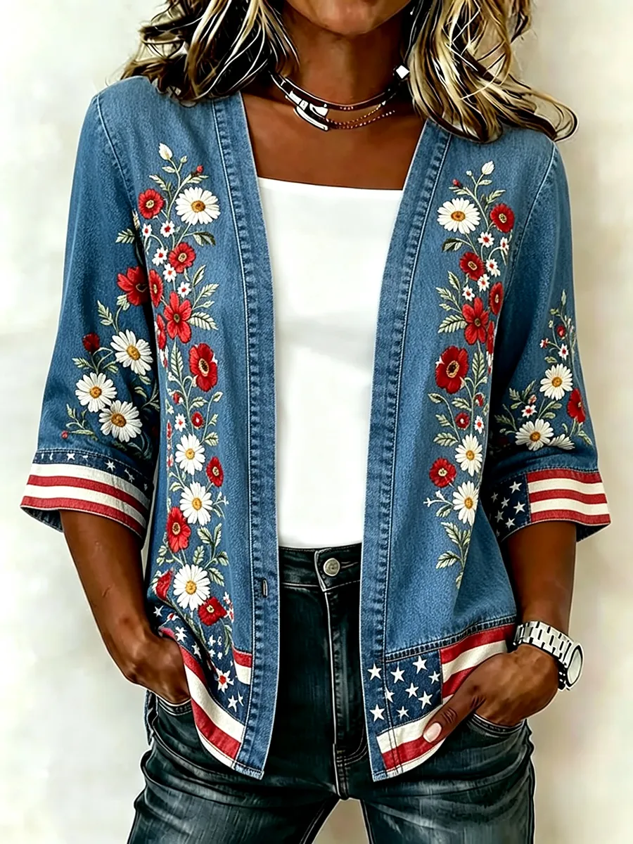 Women'S Casual Loose Independence Day Patriotic Cardigan