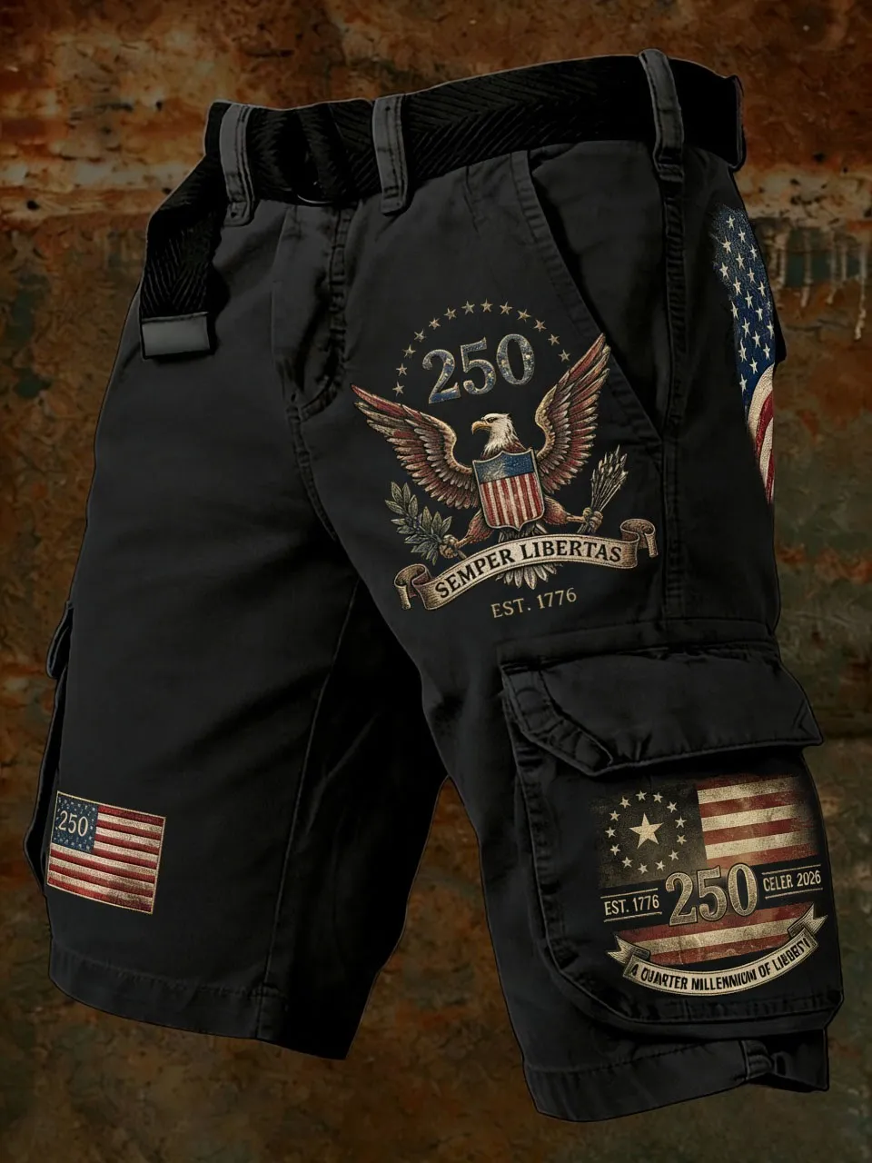 Men's 250th Anniversary Edition American Flag Eagle Printed Denim Work Shorts