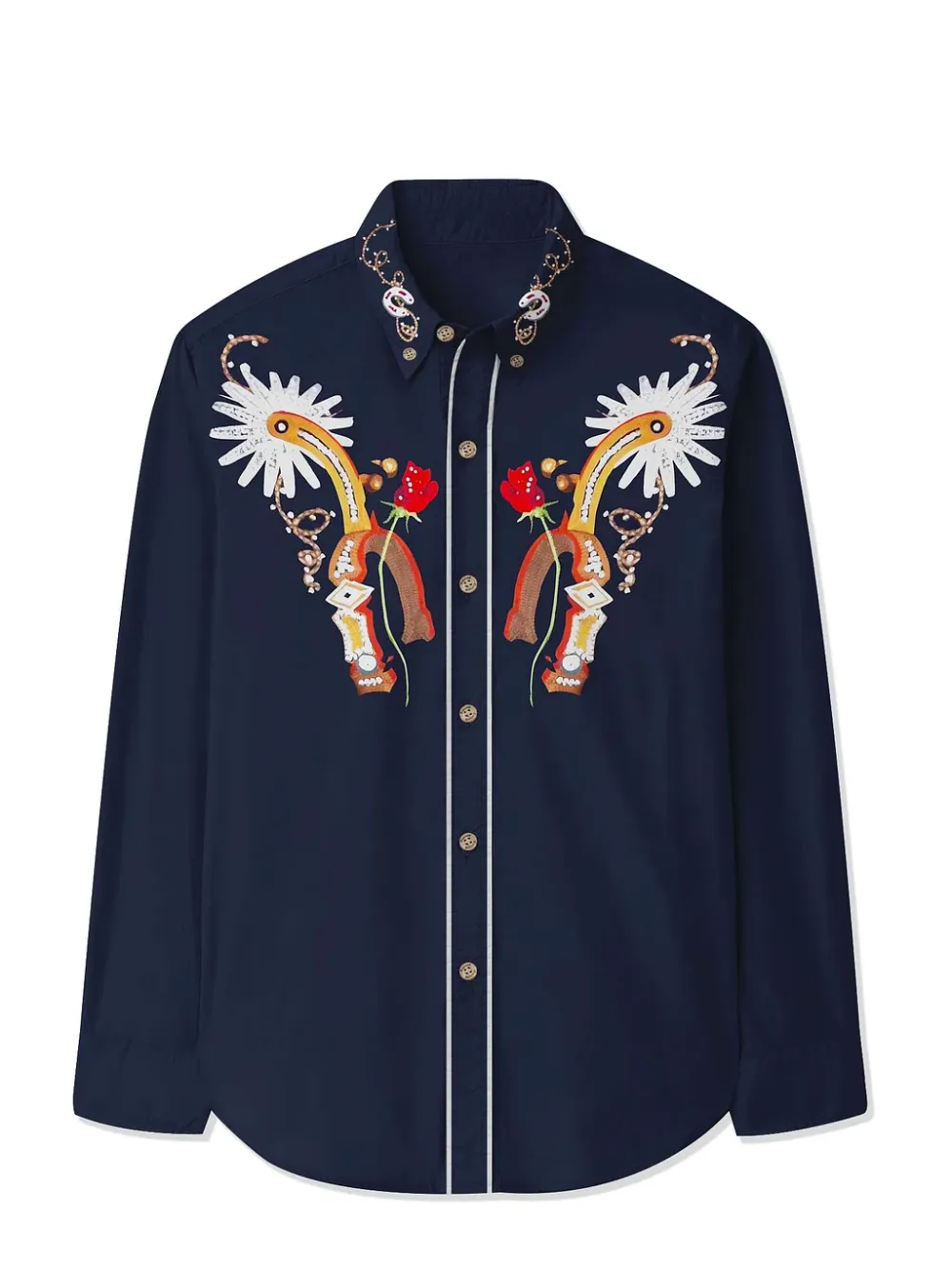 Western Vintage Flag Flower Printed Hawaiian Shirt For Men Button-down Shirt Long Sleeve 100% Cotton Shirt