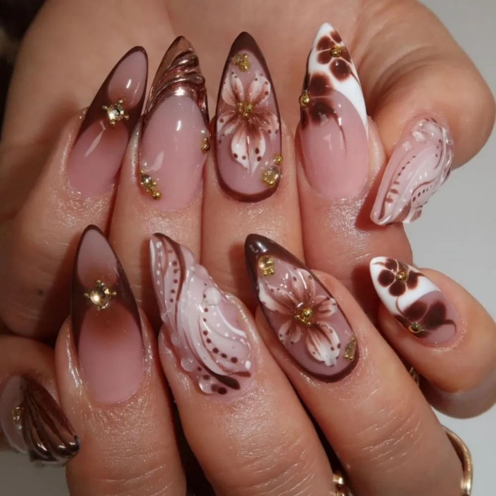 Nailhour 24Pcs 3D French Rhinestone Medium Almond Press On Nails