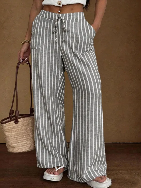 Loose Drawstring Striped Wide Leg Pants