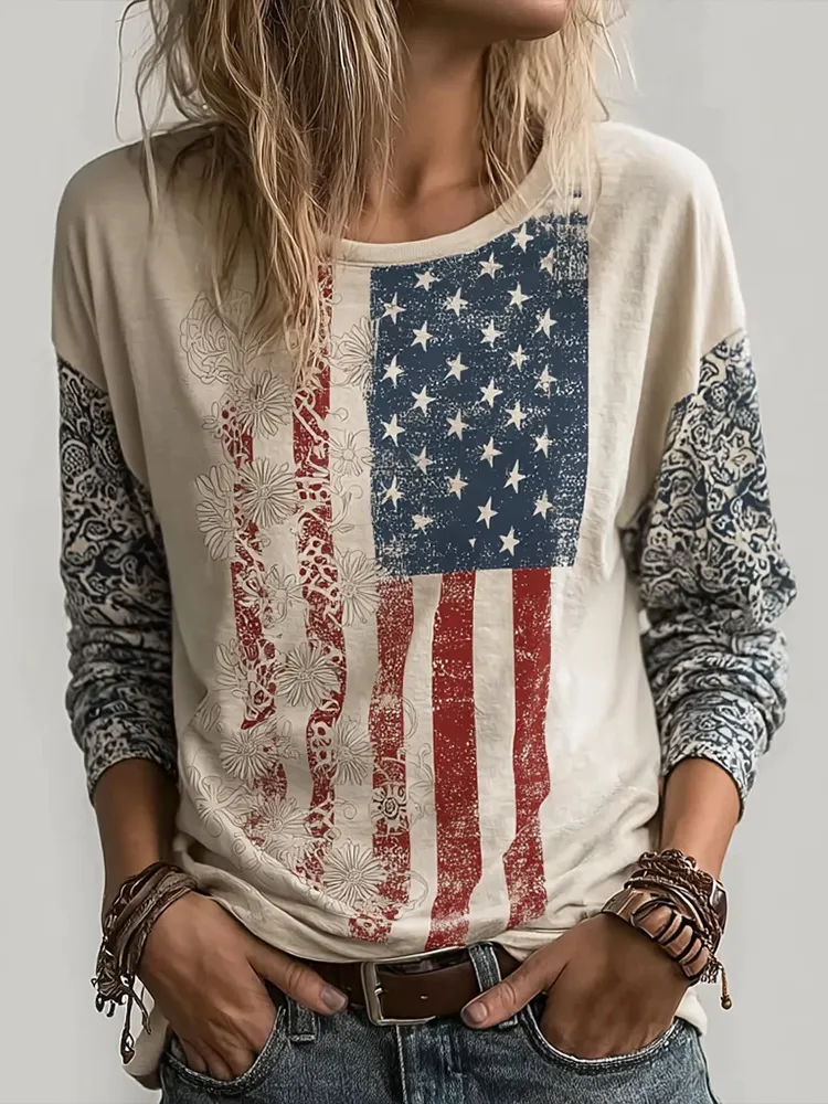 Women's casual retro Independence Day long sleeved T-shirt