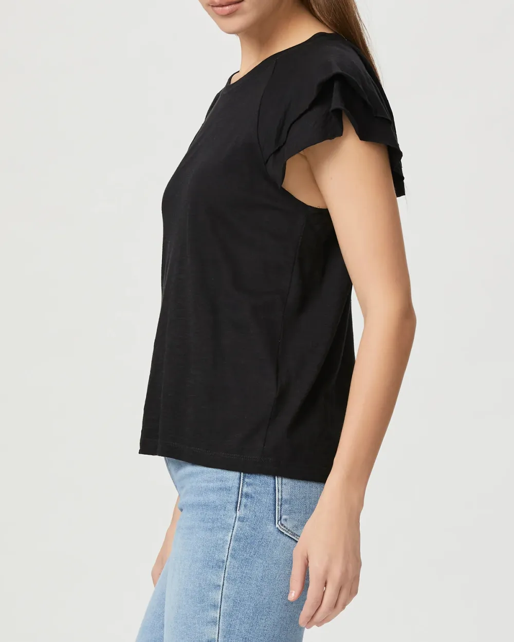 Black Double Flutter Sleeve Short Sleeve Top