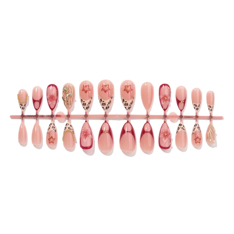 Nailhour 24Pcs Multicolo Leopard French Medium Almond Press On Nails