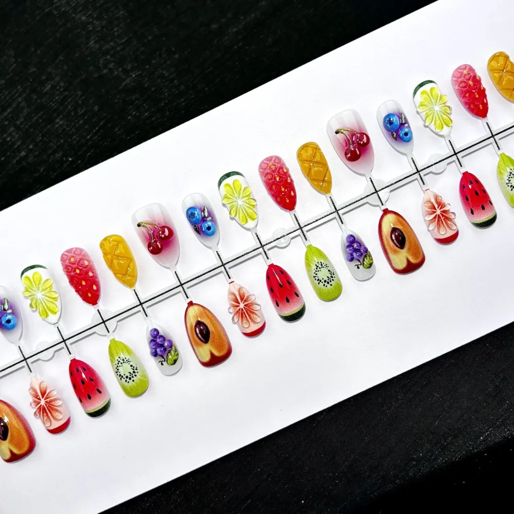 Nailhour 30Pcs Fruit 3D Medium Almond French Press On Nails
