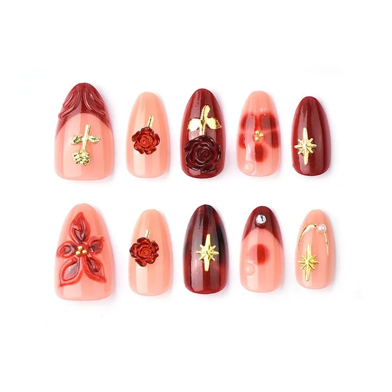 Nailhour 30Pcs Red Rose Floral 3D Medium Almond French Press On Nails