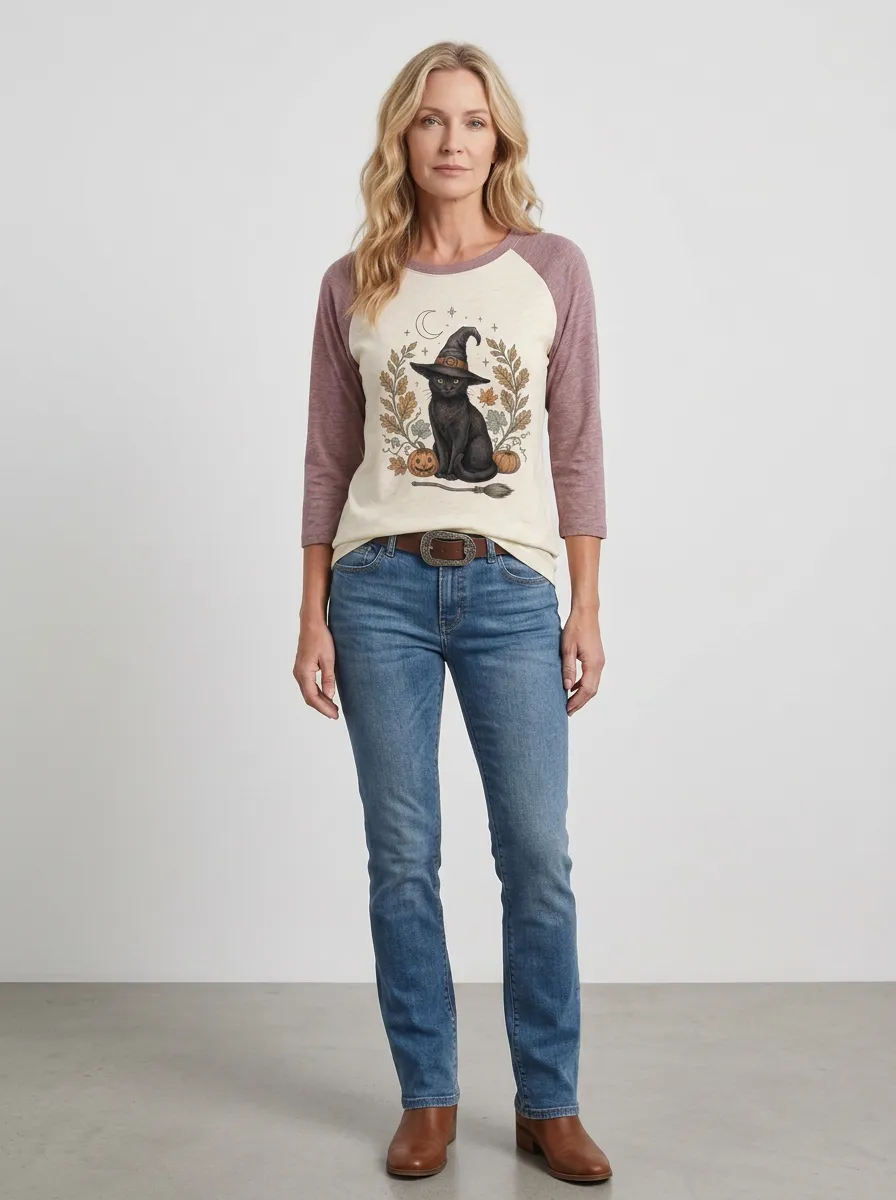 Women's Halloween Cat Witch Pumpkin Printed Raglan T-shirt