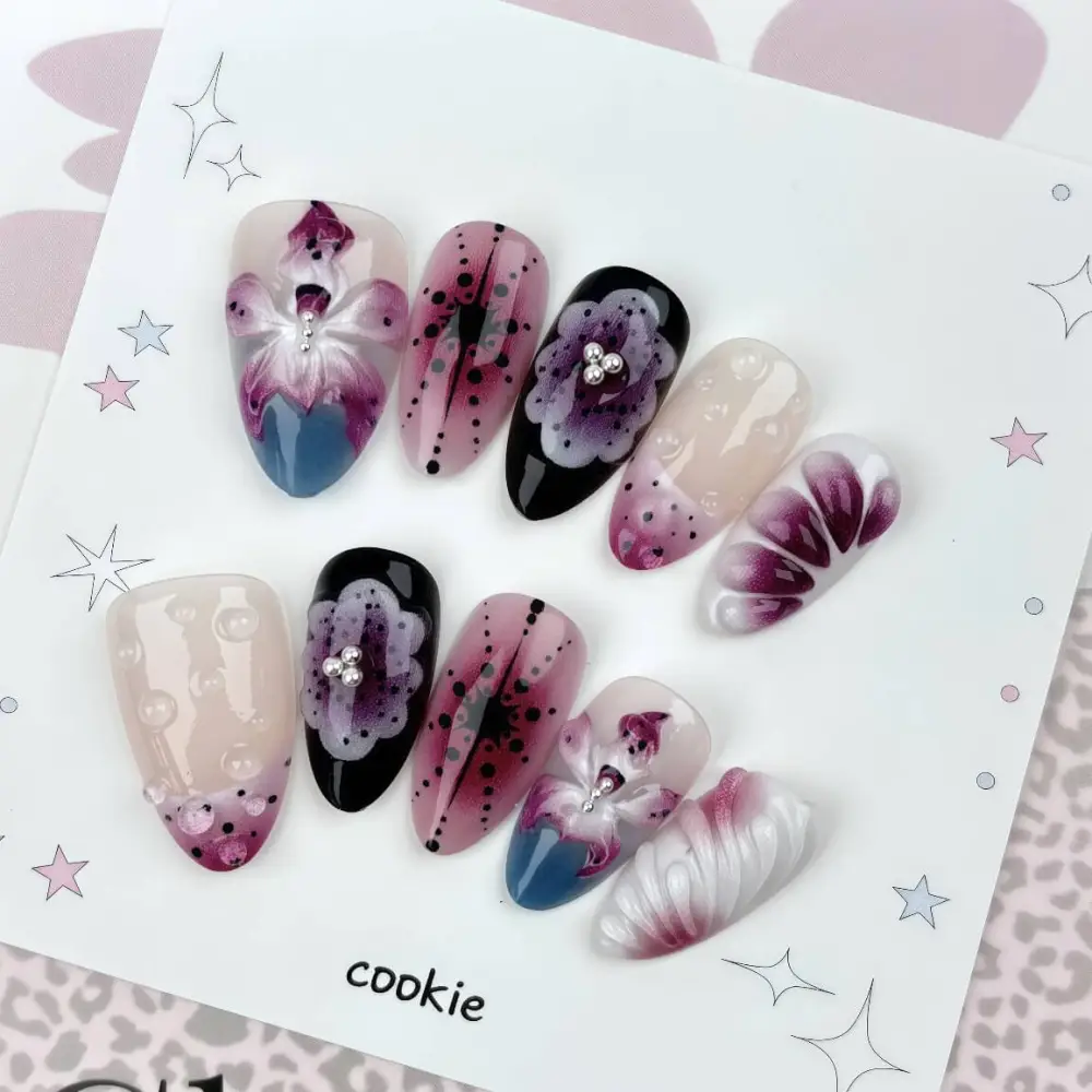 Nailhour 30Pcs Purple 3D Floral Resin Medium Almond Press On Nails