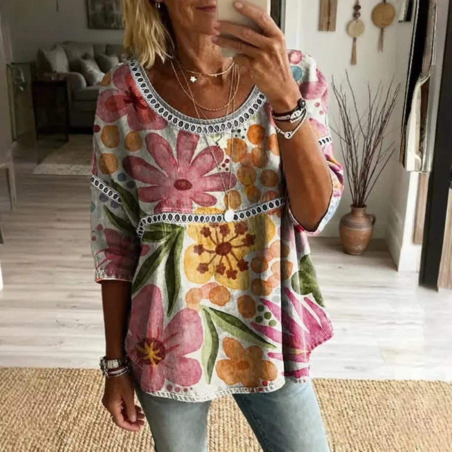 Women's Retro Floral Art Pattern Cotton Linen Casual Round Neck T-Shirt
