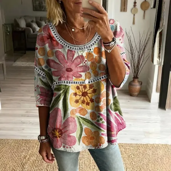 Women's Retro Floral Art Pattern Cotton Linen Casual Round Neck T-Shirt