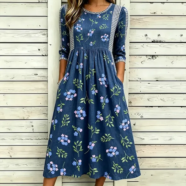 Women's Casual Linen Dress With Floral Pattern And Plaid Design