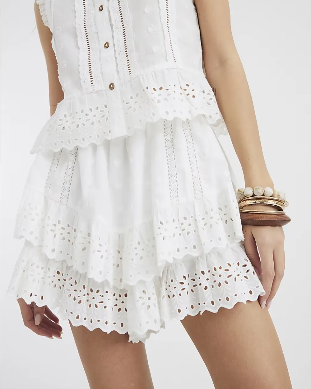 Cream Pure Cotton Hollow Pattern Double Layer Women's Skirts