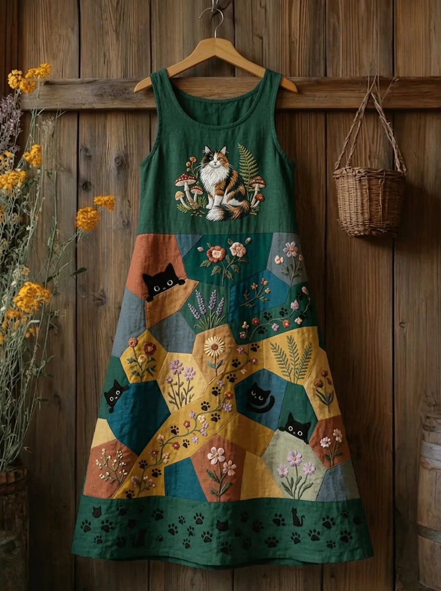 Women's Cat Lover Mushroom Floral Patchwork Printed Linen Dress