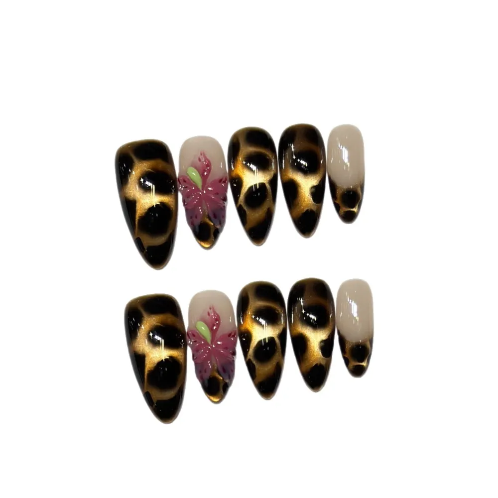 Nailhour 10Pcs French 3D Floral Medium Almond Press On Nails