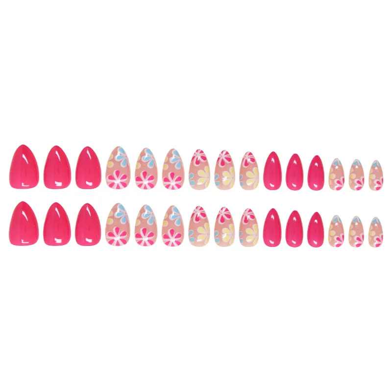 Nailhour Pink 30Pcs Floral Almond Summer Press On Nails