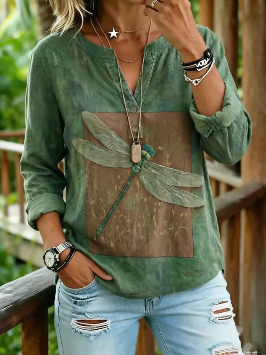 Women's retro printed casual V-neck shirt