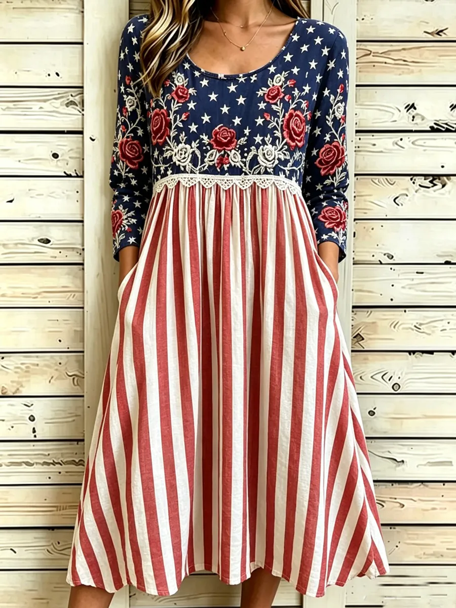 Women's Retro 250th Anniversary Flower Art Printed Dress