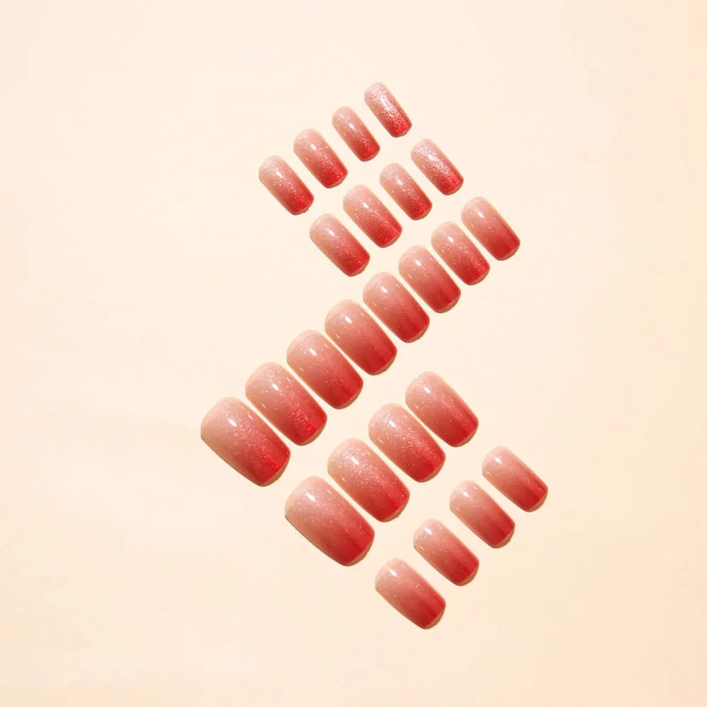 Nailhour 24Pcs Red Gradient Cat Eye Medium Square Press On Nails