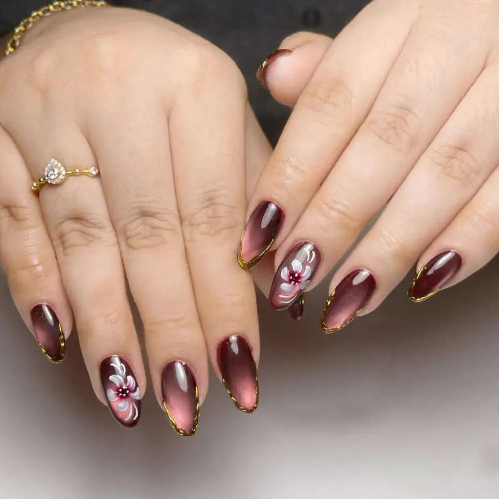 Nailhour 30Pcs Pink Gradient Cat Eye Medium Almond Press On Nails