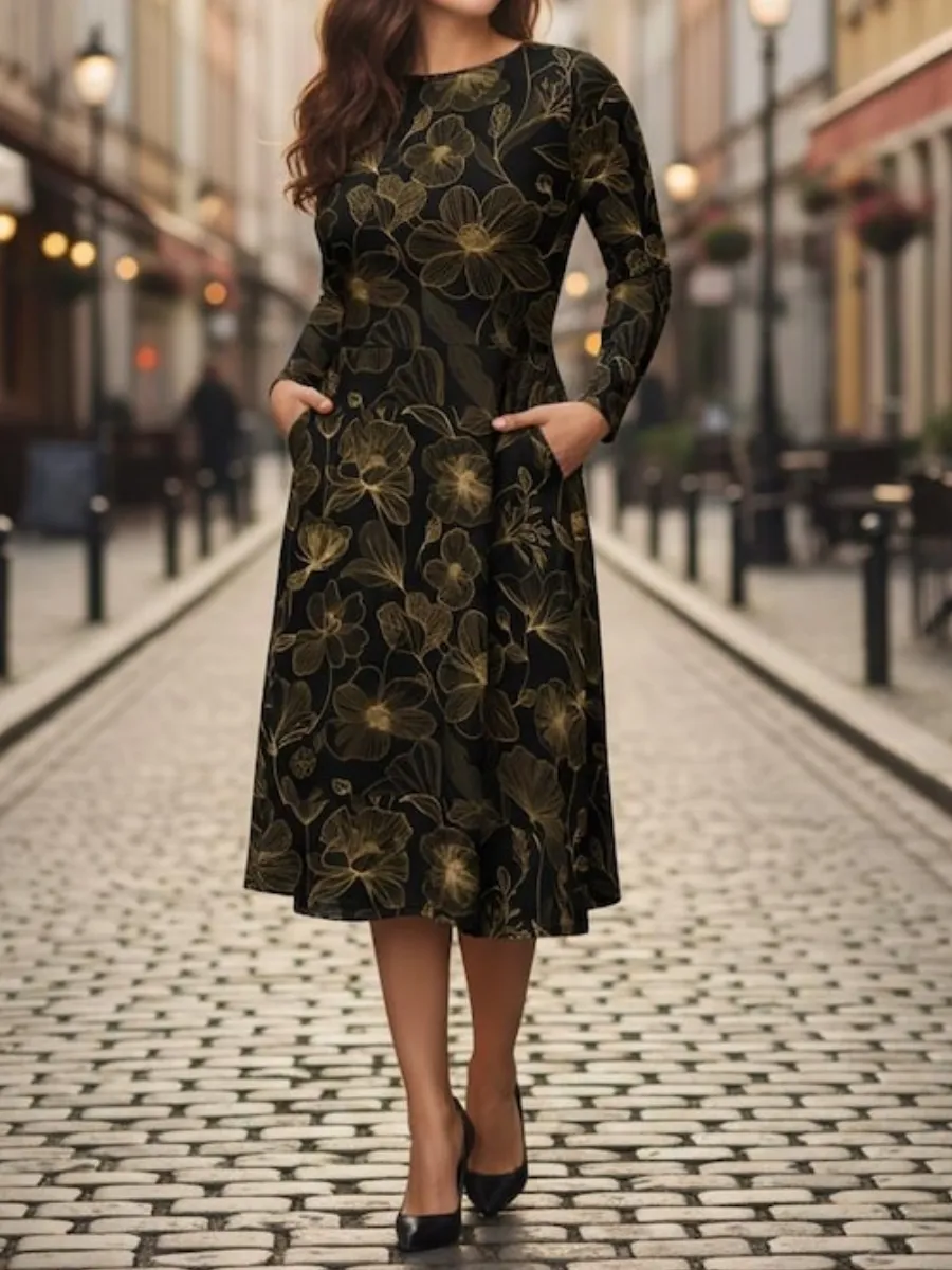 Elegant Gold Floral Print Dress