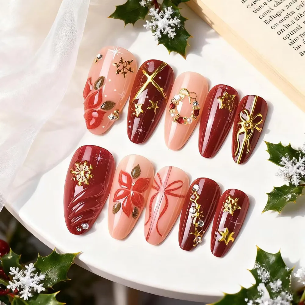 Nailhour 24Pcs Gilded 3D Medium Almond Christmas French Snowflake Press On Nails