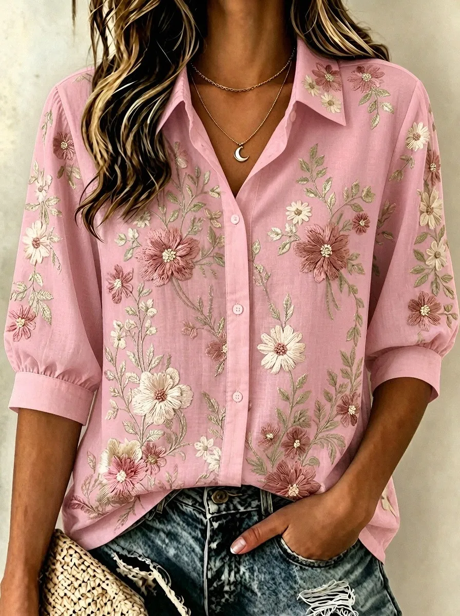Women's Breast Cancer Awareness Pink Floral Embroidered Button-Down Shirt