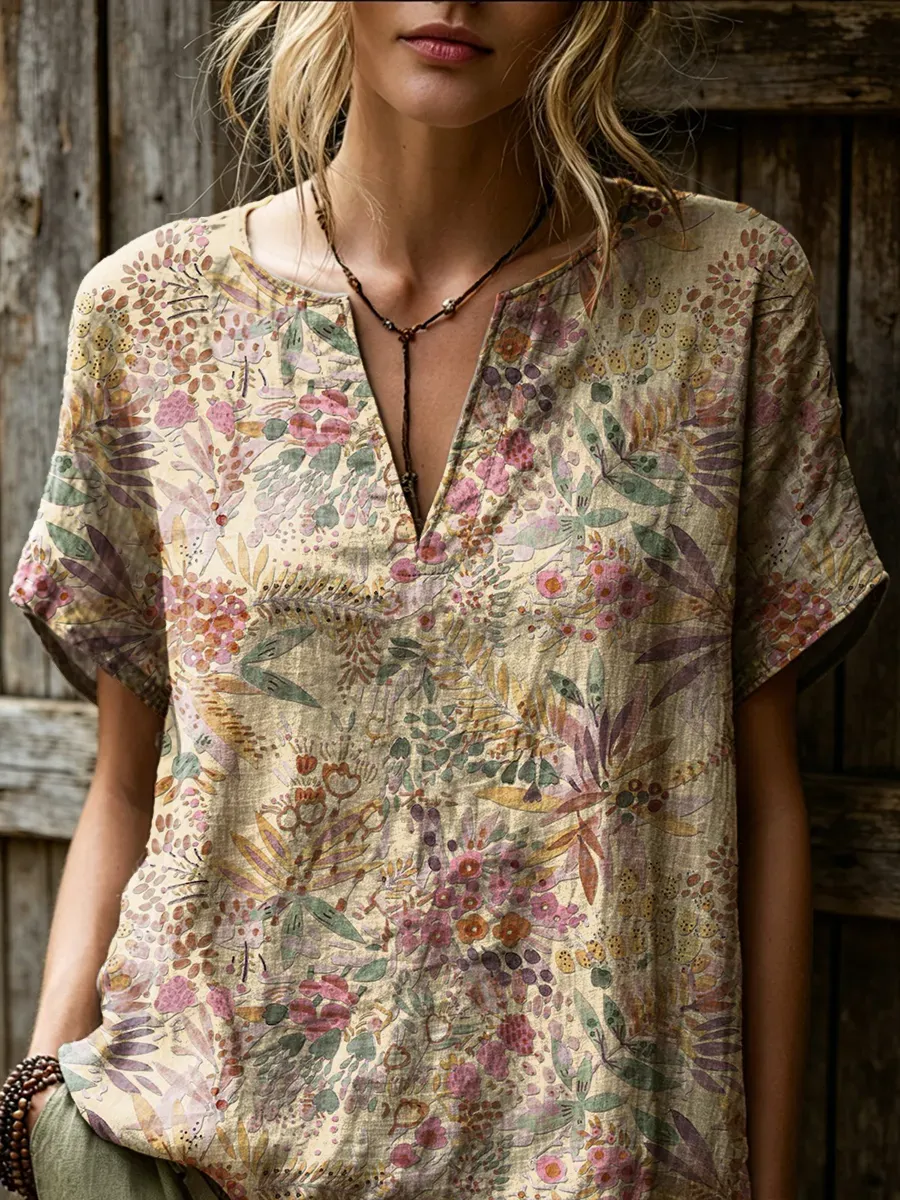 Women's Retro Ethnic Floral Art Print Casual Short-sleeve V-neck Cotton Linen Shirt