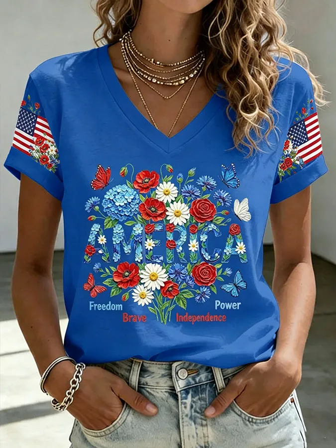 Women'S America Flag Floral Printed Casual T-Shirt