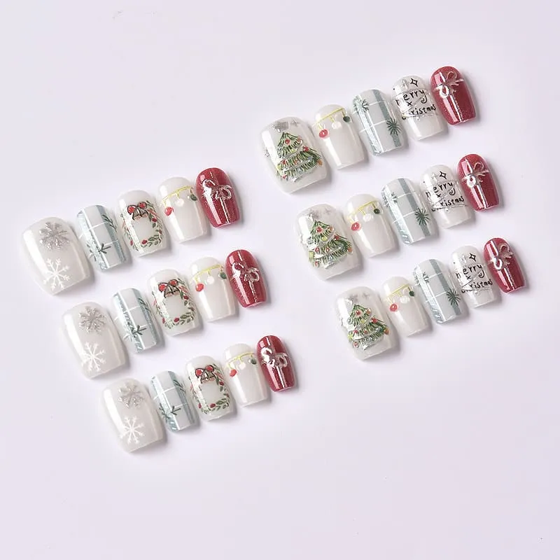 Nailhour 30Pcs Cat Eye 3D Medium Square Christmas French Press On Nails