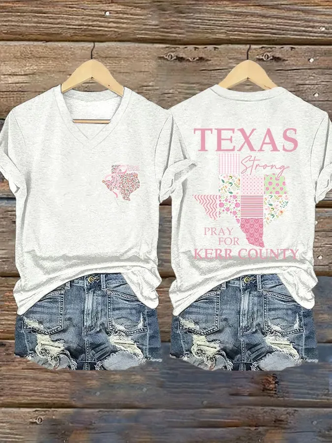 V Neck Retro Texas Strong Bow Print Pray For Kerr County Print T-Shirt